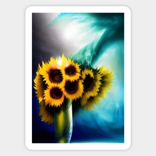 STUNNING CENTREPIECE SUNFLOWERS IN A VASE TEAL BACKGROUND Sticker